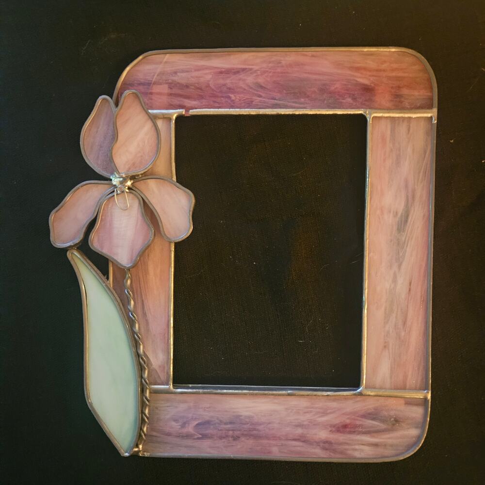 Vintage Stained Glass Picture Frame Purple Slag Iris Flower Cottagecore For 5x7